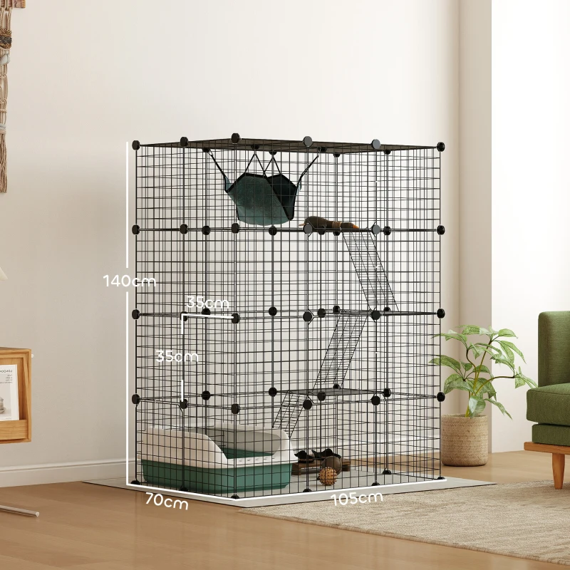 PawHut Cușcă pentru pisici de interior parc pentru pisici din oțel la 4 nivele DIY cu 5 uși hamac 1-3 pisici 105 x 70 x 140 cm negru