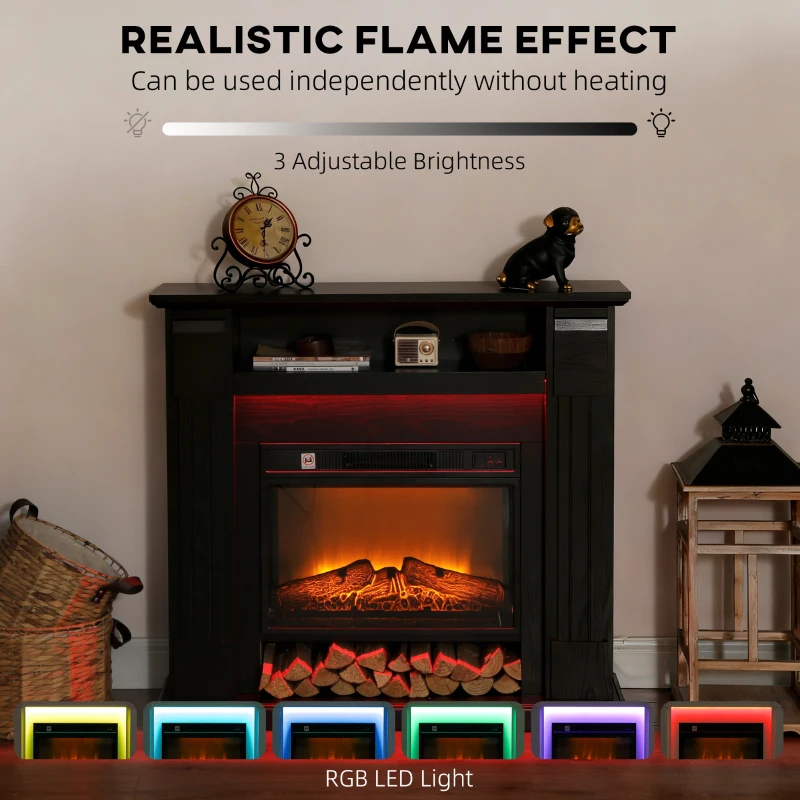 HOMCOM Șemineu Electric de 1800W Reglabil cu Flacără 3D, Raft, Timer și Telecomandă, 105x27x97 cm, Negru