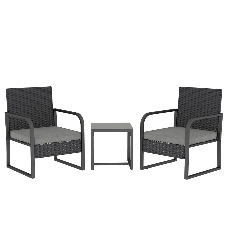 Outsunny Set de Grădină 3 Piese din Rattan PE și Oțel, Set cu 2 Fotolii și Perne Lavabile, Masă de Cafea cu Blat din Sticlă, Mobilier de Balcon pentru Terasă sau Curte, Gri Închis și Negru