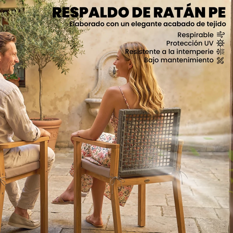 Outsunny Juego de 2 Sillas de Jardín Exterior de Madera Apilables con Cojines Desmontables Brazos Respaldo 59x55x86 cm Natural