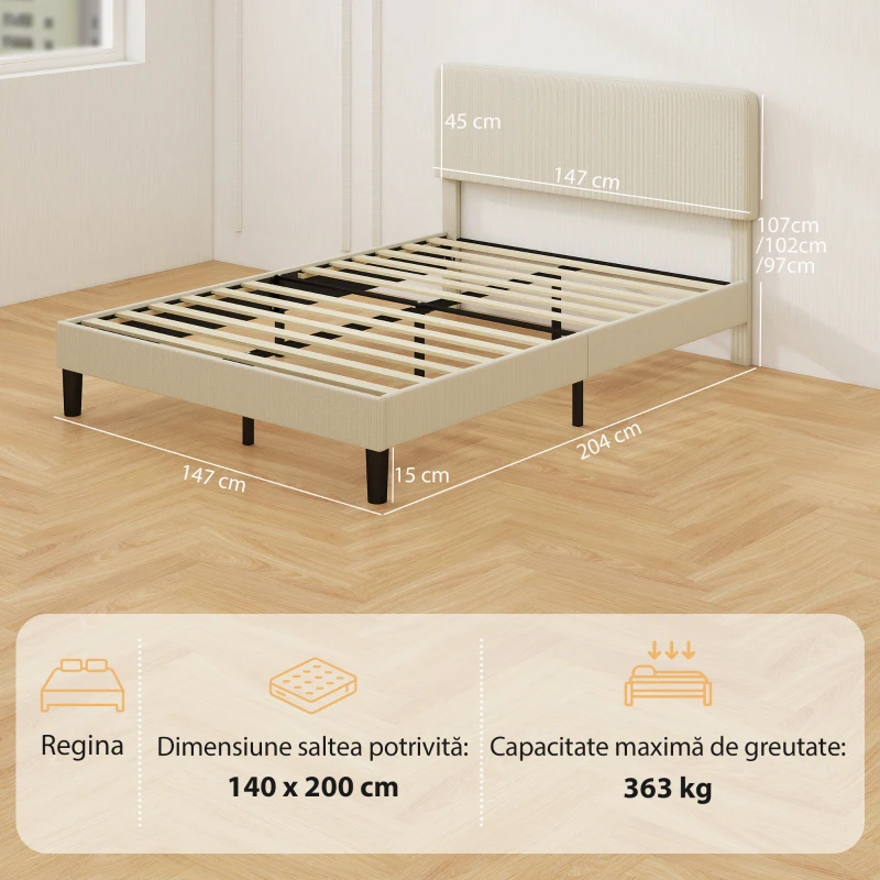 HOMCOM Cadru de Pat 140x200 cm cu Tăblie Tapițată Reglabilă pe Înălțime și Șipci, Catifea Canelată, Gri