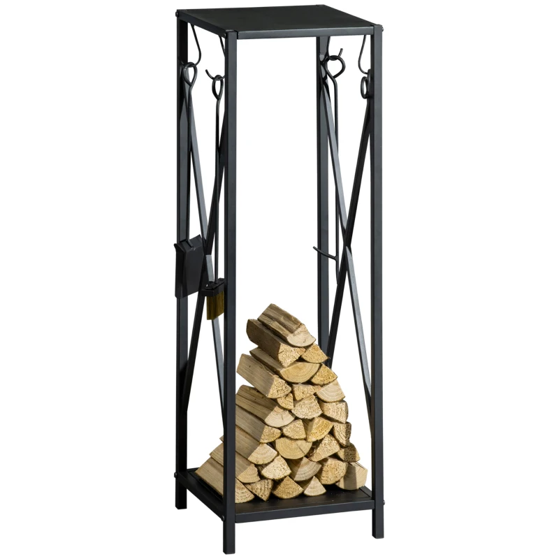 Outsunny Estante de Leña Metálico Leñero de Exterior con Ganchos Pala Cepillo Atizador y Tenazas Carga 65 kg 34x34x111 cm Negro