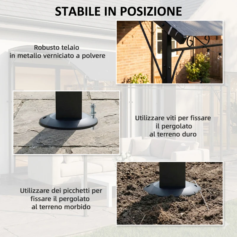 Outsunny Gazebo Pergola con 16 Fori di Drenaggio, in Metallo e Poliestere, 3.8x2.8m, Grigio