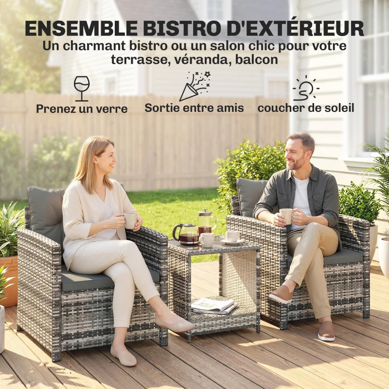 Outsunny Salon de Jardin Extérieur 3 Pièces en Résine Tressée Table et 2 Fauteuils avec Coussins, 62x65x75cm, Gris Clair