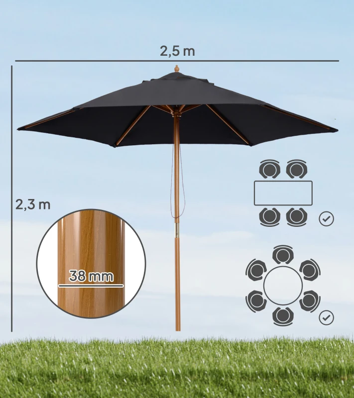 Outsunny Guarda-sol de jardim exterior guarda-sol reto com teto duplo Hexagonal Grande Tamanho de Jardim Ø 2,5 x 2,3H m Bambu Preto