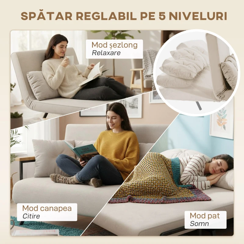 HOMCOM Canapea extensibilă 3 în 1 din material cu efect de catifea, cu spătar reglabil și 2 perne, 102x73x81 cm, bej