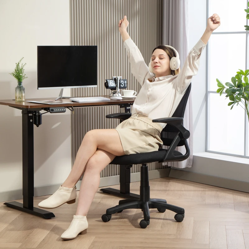 HOMCOM Fauteuil en maille respirante, fauteuil tournant ergonomique avec accoudoirs rabattables et soutien lombaire, Noir