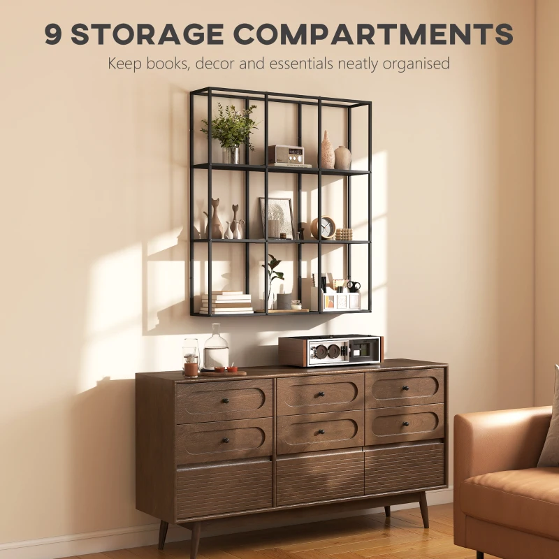 HOMCOM Industrialny Wiszący Regał z 9 Przegrodami, Metalowy Regał na Kolekcje, Idealny do Dekoracji Wnętrz, Czarny