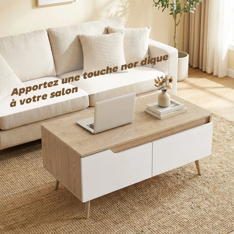 HOMCOM Table basse rectangulaire, table de salon moderne avec 2 tiroirs, 5 pieds en bois de pin, 100x50x46cm, chêne et blanc