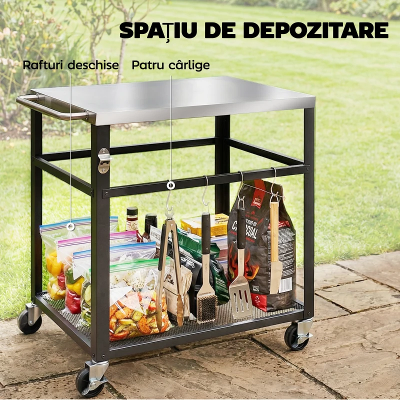 Outsunny Troller pentru Grătar de Exterior cu Blat din Oțel Inoxidabil, 4 Cârlige, Mâner și Roți Blocabile, Negru