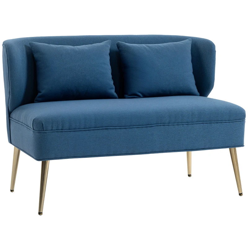 HOMCOM 2 Seater Sofa, Linen-look Fabric Small Sofa with Wing Back, Thick Seat, Metal Legs, Dark Blue