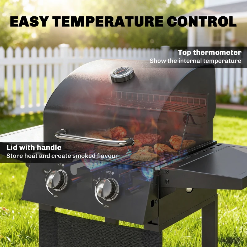 Outsunny Grill gazowy 5,4 kW, 2 palniki, stalowy wózek grillowy z termometrem, chromowany ruszt i półka do podgrzewania