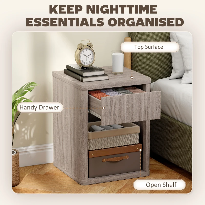 HOMCOM Modern Bedside Table Set of 2, Bedside Cabinet with Drawer and Open Shelf, Side End Table, Nightstand for Bedroom, Oak