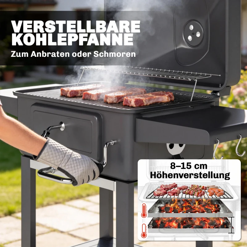 Outsunny Houtskoolbarbecue BBQ Smoker met deksel, thermometer, in hoogte verstelbare kolenbak, grillrooster, zijtafel, aslade