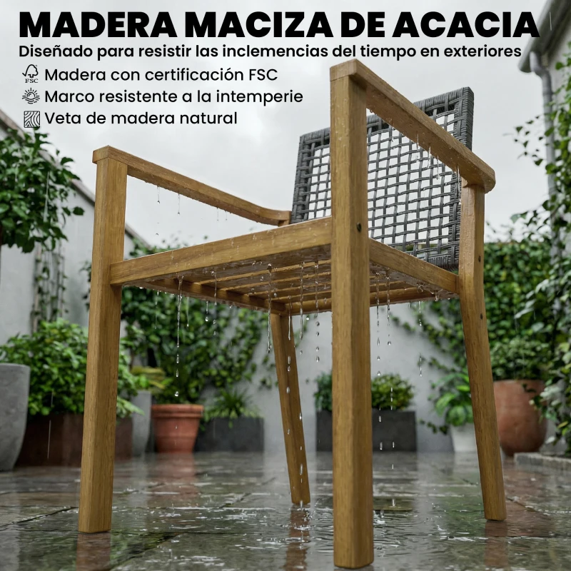 Outsunny Juego de 2 Sillas de Jardín Exterior de Madera Apilables con Cojines Desmontables Brazos Respaldo 59x55x86 cm Natural