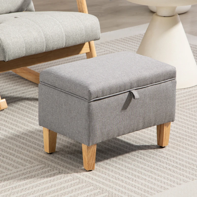 HOMCOM 16L Linen Storage Ottoman Padded Footstool with Rubberwood Legs for Storage Box, Bed End, Shoe Bench, Seating, Light Grey