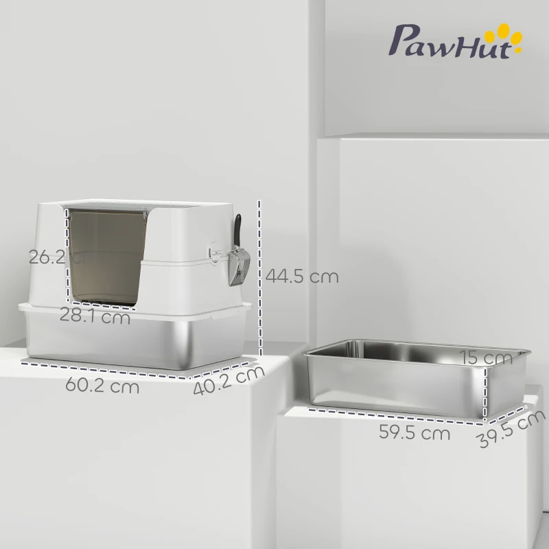 PawHut Toaletă pentru pisici, oțel inoxidabil, interior XL, cu lopată, gri deschis