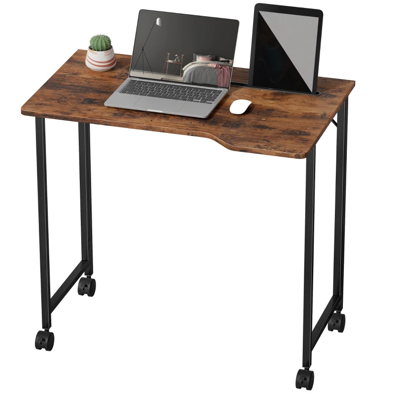 HOMCOM Folding Small Desk on Wheels - Rustic Brown