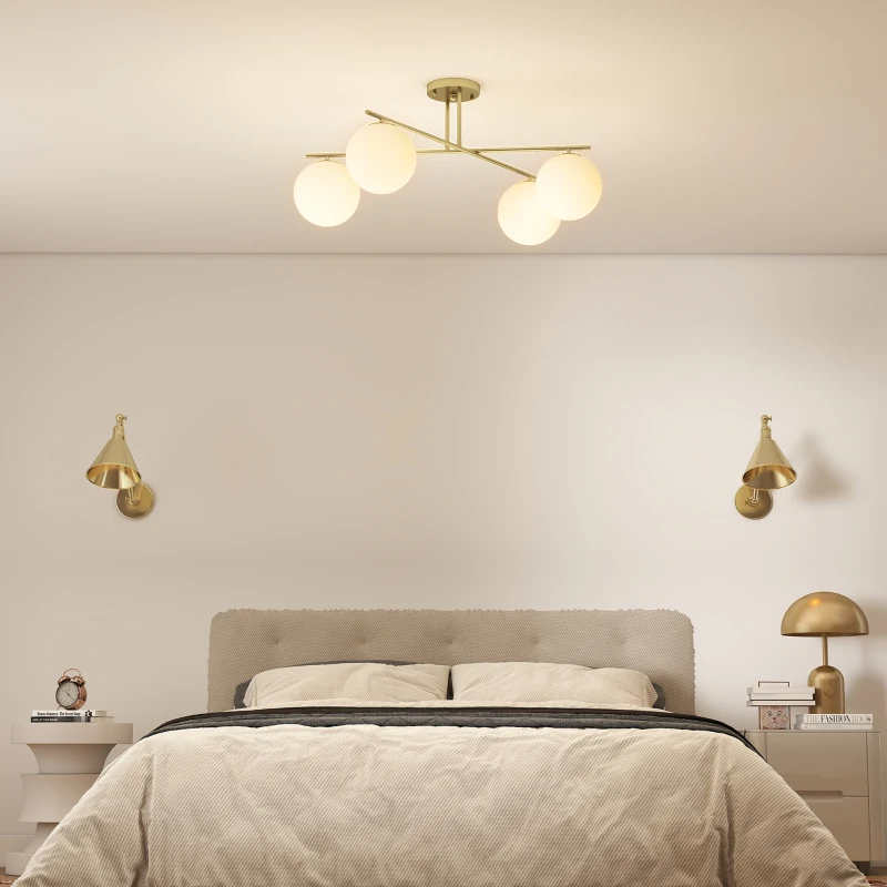 HOMCOM Lustre moderno de teto com 4 luzes e soquete E14, montagem semi-embutida, dourado e creme
