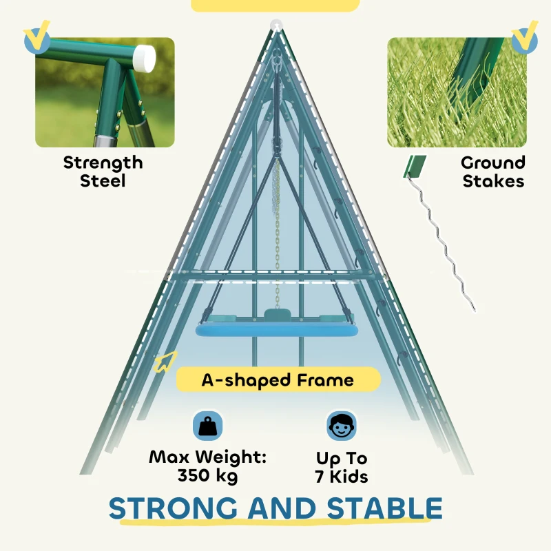 AIYAPLAY 5 w 1 huśtawka z regulowaną huśtawką typu gniazdo, kółkami gimnastycznymi, dwusiedziskiem, ścianką wspinaczkową, dla dzieci 3-8 lat, 440x175x203 cm