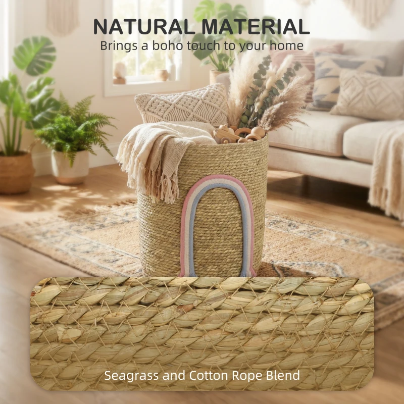 HOMCOM Kosz do przechowywania 24,7L z dekoracją tęczową, duży pleciony kosz do łazienki, sypialni, naturalny