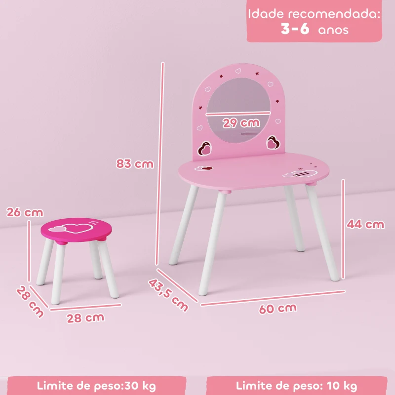 AIYAPLAY Toucador Infantil com Banco e Espelho Toucador para Meninas com Desenhos de Corações  60x43,5x83 cm  Rosa