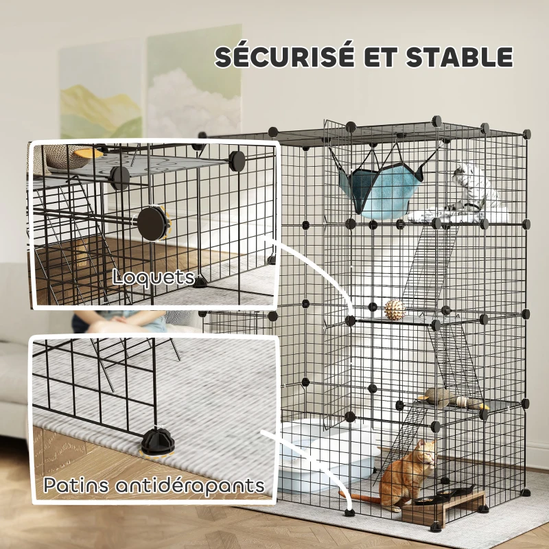PawHut Cușcă pentru pisici de interior parc pentru pisici din oțel la 4 nivele DIY cu 5 uși hamac 1-3 pisici 105 x 70 x 140 cm negru