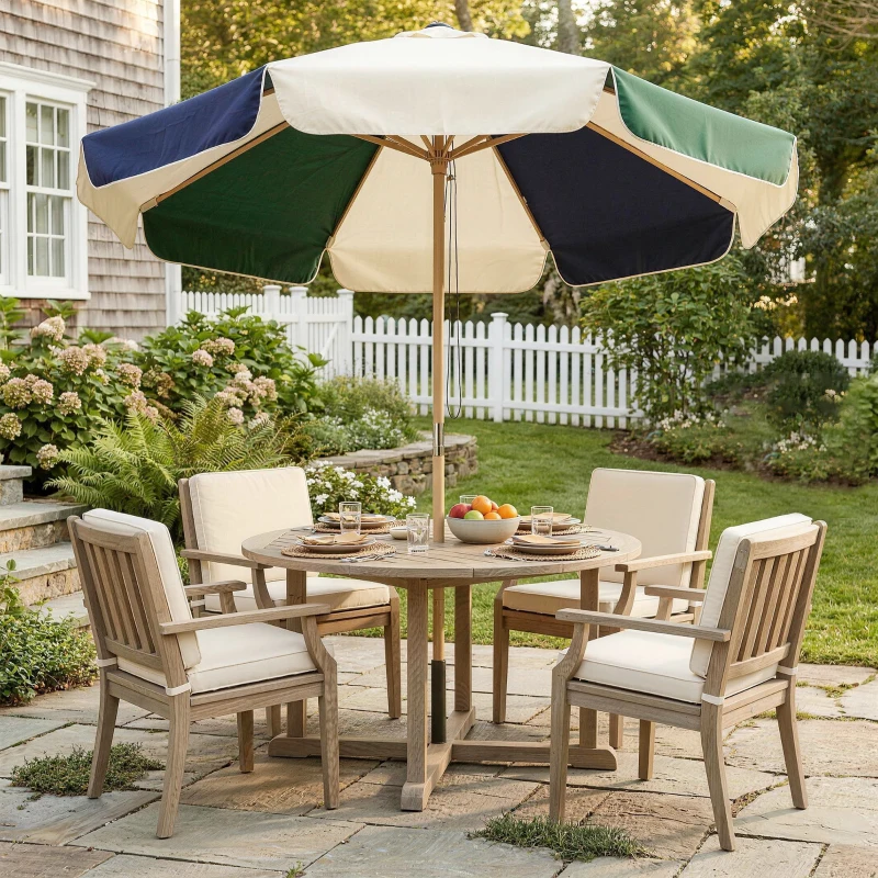 Outsunny Gartenschirm mit Seilzug Sonnenschutz UPF30+ Retro-Holzoptik mit Volants Kippbar Ø 226 cm Creme und Dunkelgrün