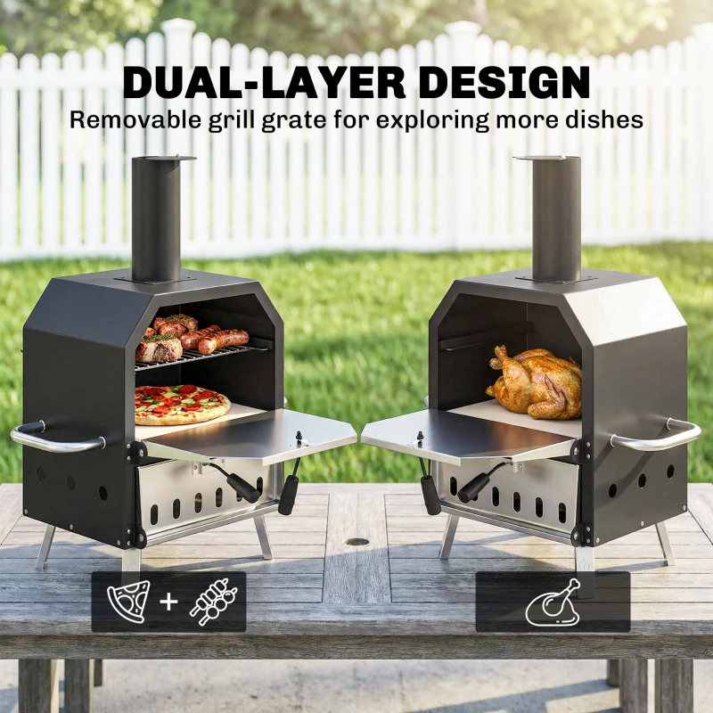 Outsunny Buiten Pizzaoven Houtgestookte Oven Roestvrij Staal 2 Lagen Met 1 cm Dikke Pizzasteen Inklapbare Poten