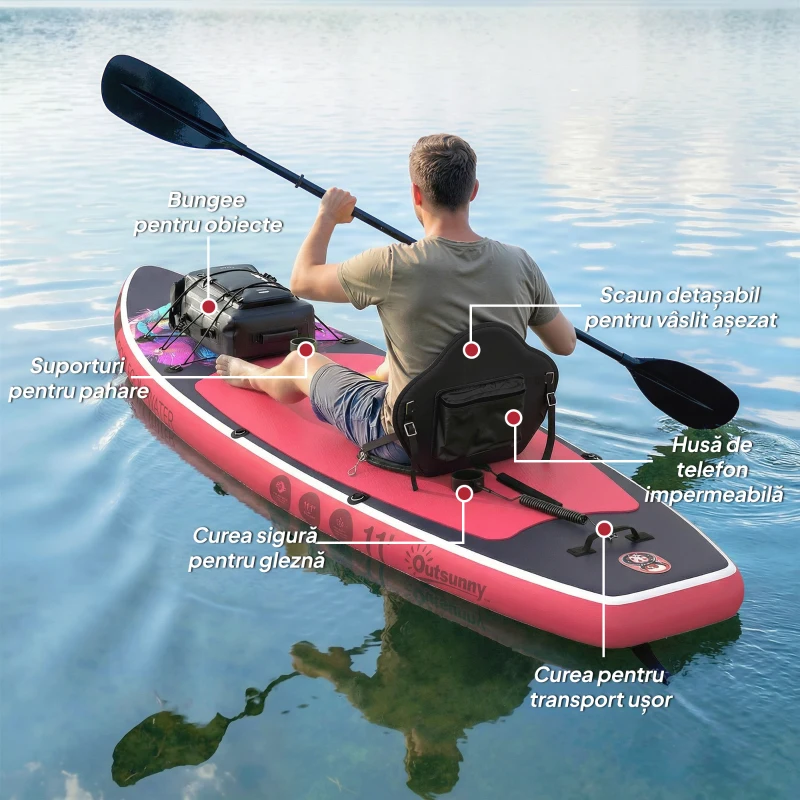 Outsunny SUP gonflabil cu scaun, vâslă și accesorii, din plastic și EVA, 335x82x15 cm, albastru și roz