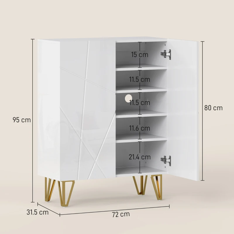 HOMCOM Dulap pentru încălțăminte cu 2 uși, raft pentru pantofi, depozitare cu 3 rafturi reglabile 72 x 31,5 x 95 cm, Alb