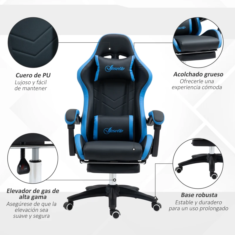 Vinsetto Silla Gaming Silla Gamer de Cuero PU Reclinable 135° Reposacabezas y Reposapiés 65x65x121-129 cm Negro y Azul