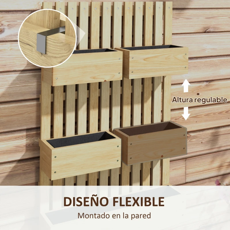 Outsunny Jardinera de Pared de Madera con Enrejado y 5 Macetas Móviles para Jardín Terraza Patio 60x16x100 cm Natural