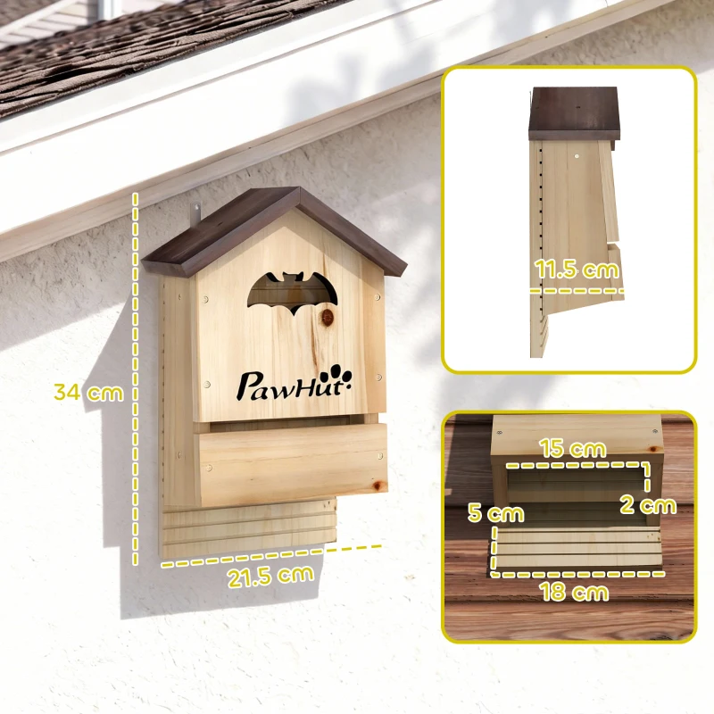 PawHut Set di 3 Casette per Pipistrelli in Legno di Abete, 21.5x11.5x34 cm, Legno Naturale