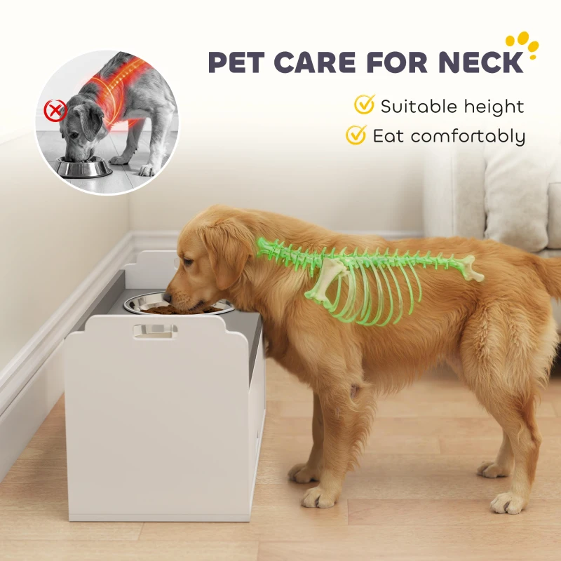 PawHut Podwyższona miska dla psa ze schowkiem, 2 miski z antypoślizgowymi obręczami, 60 x 30 x 35,5 cm, biała
