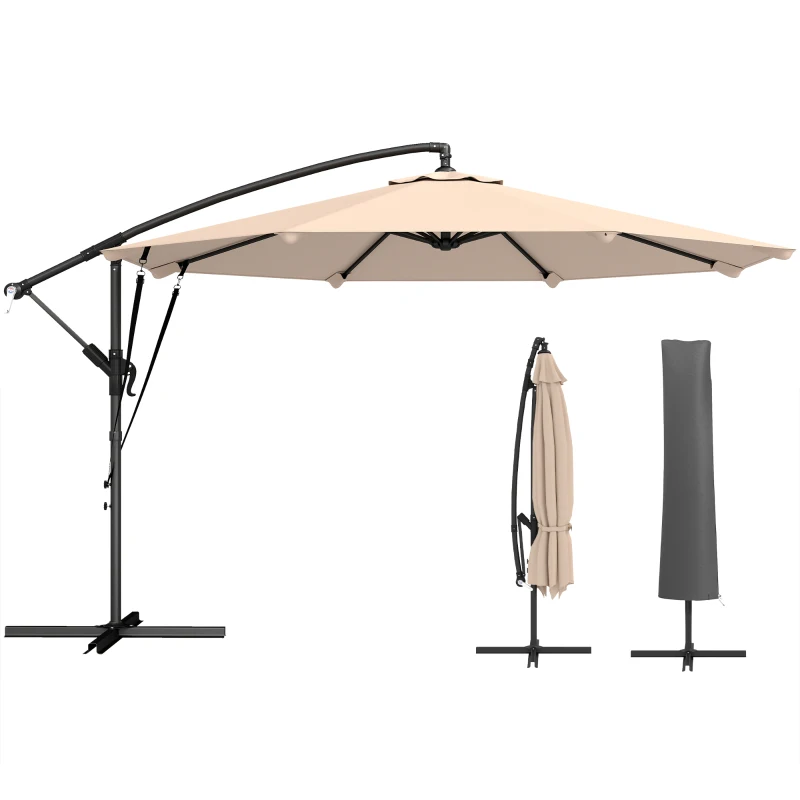 Outsunny Parasol Excéntrico Ø300 cm con Base Cruzada Manivela Funda Protectora y Cuerdas de Viento UPF30+ Caqui