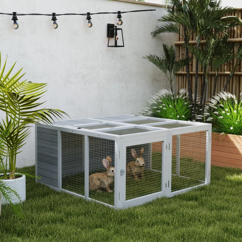 PawHut Cușcă exterioară pentru animale mici, cușcă pentru iepuri, construcție din lemn, pliabilă, pentru interior și exterior, Gri deschis