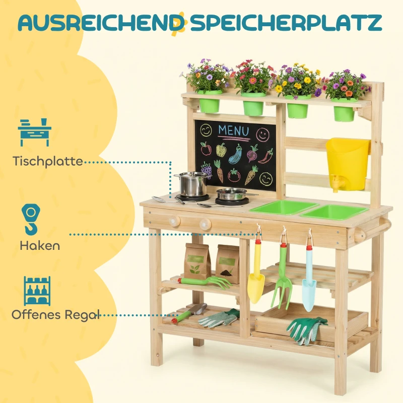 AIYAPLAY Matschküche Kinder Outdoor, Spielküche aus Holz mit Spüle Herd Pflanztöpfen Tafel für 3-6 Jahre 77x32x95 cm Naturholz