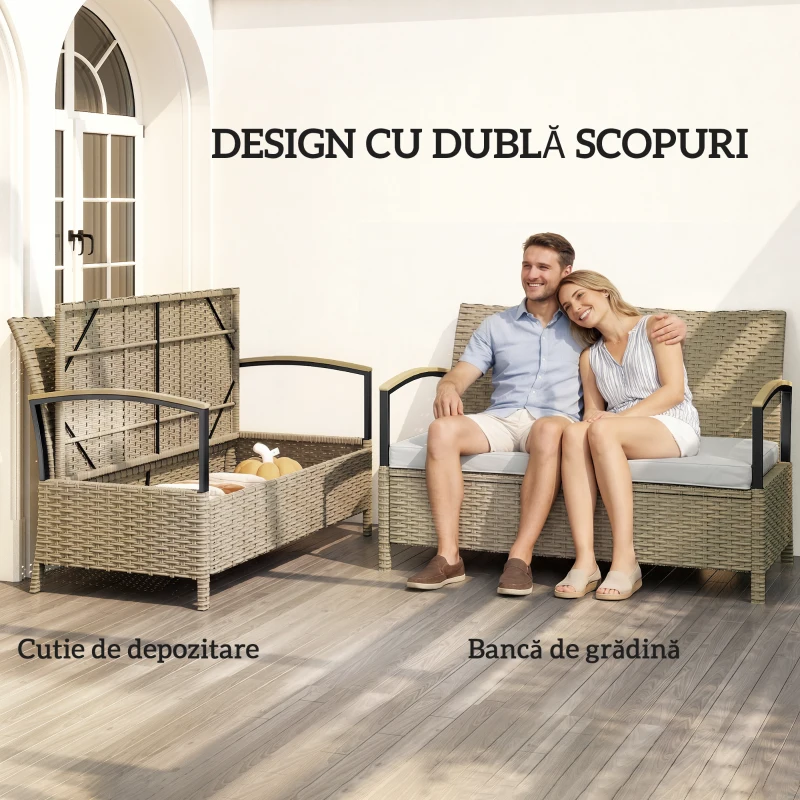 Outsunny Bancă cu Spațiu de Depozitare 125L cu Pernă, Cadru Metalic, 123x70x82 cm, Bej