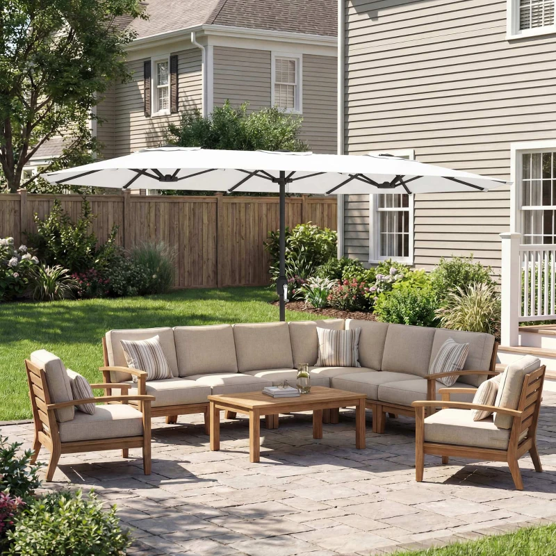 Outsunny Ombrellone Doppio a 12 Stecche con Manovella, in Metallo e Poliestere, 4.6x2.7 m, Bianco