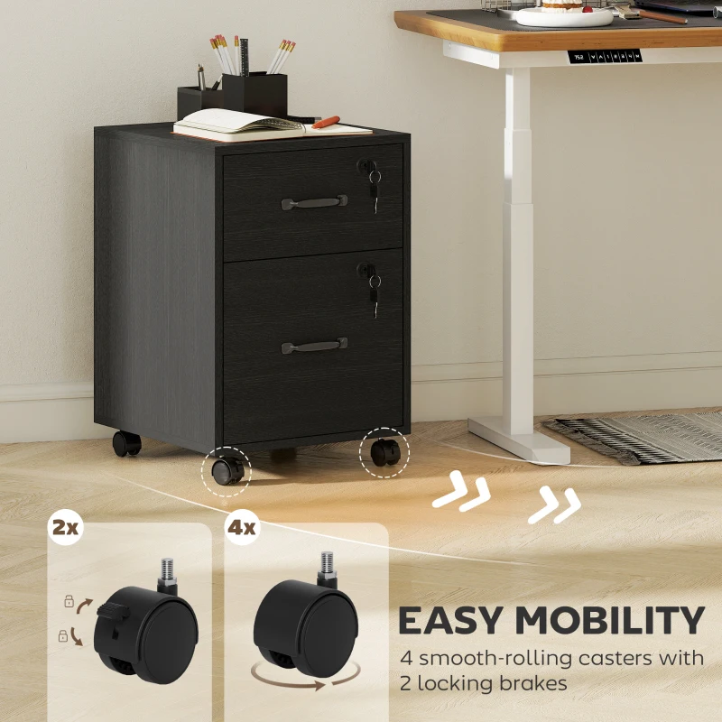 HOMCOM Rolling File Cabinet with 2 Drawers, Mobile Filing Cabinet with Hanging File Folder for Letter Sized Documents, Black