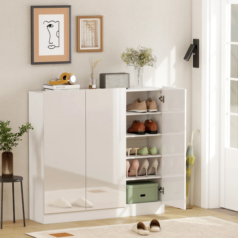 HOMCOM Scarpiera Slim da Ingresso per 25-30 Paia di Scarpe con Ante a Chiusura Ammortizzata, Bianco Lucido