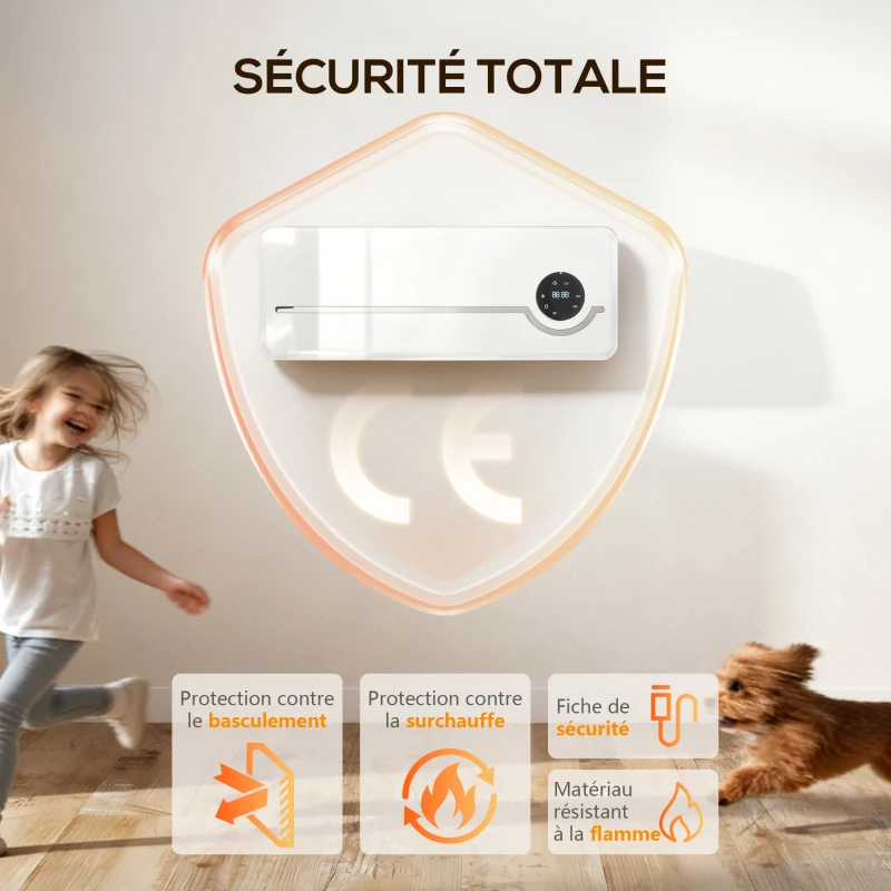 HOMCOM Chauffage mural en céramique 1000/2000W, radiateur électrique, ventilateur, thermostat, minuterie, 50x18,6x12,9cm, blanc(m-9)