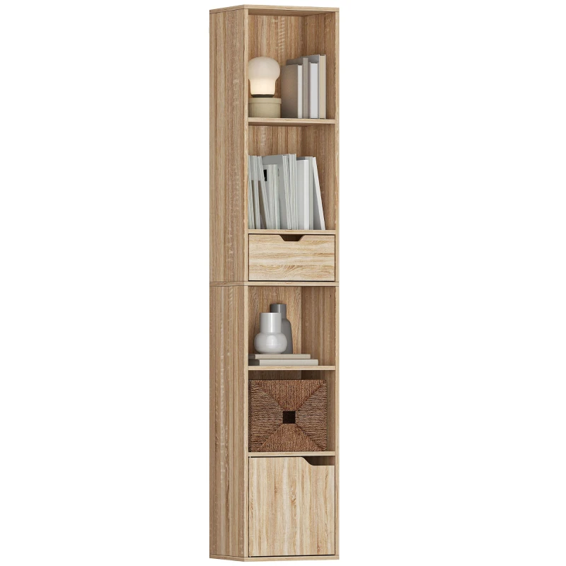 HOMCOM 6-Tier Bookcase, Tall Narrow Bookshelf with Drawer and Door - Natural Wood Finish