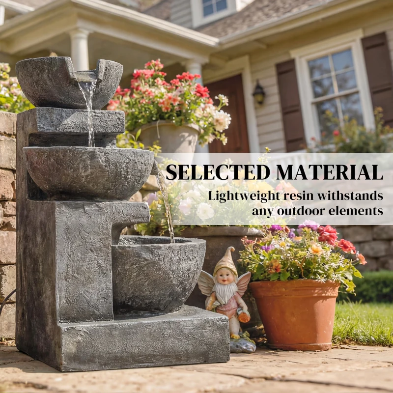 Outsunny Fontanna 3-poziomowa Ogrodowa z Oświetleniem LED, Pompą, Regulowana, 40 x 37 x 61 cm