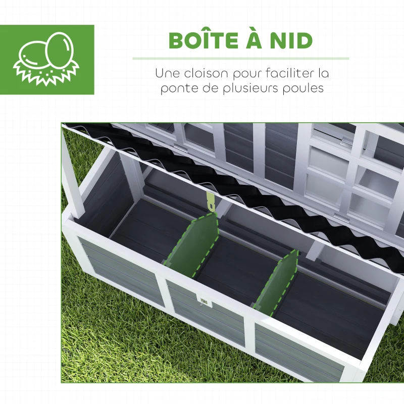 PawHut Poulailler en bois XL avec nichoir 3 compartiments tiroir amovible toit imperméable porte-rampe 100x86x100cm gris
