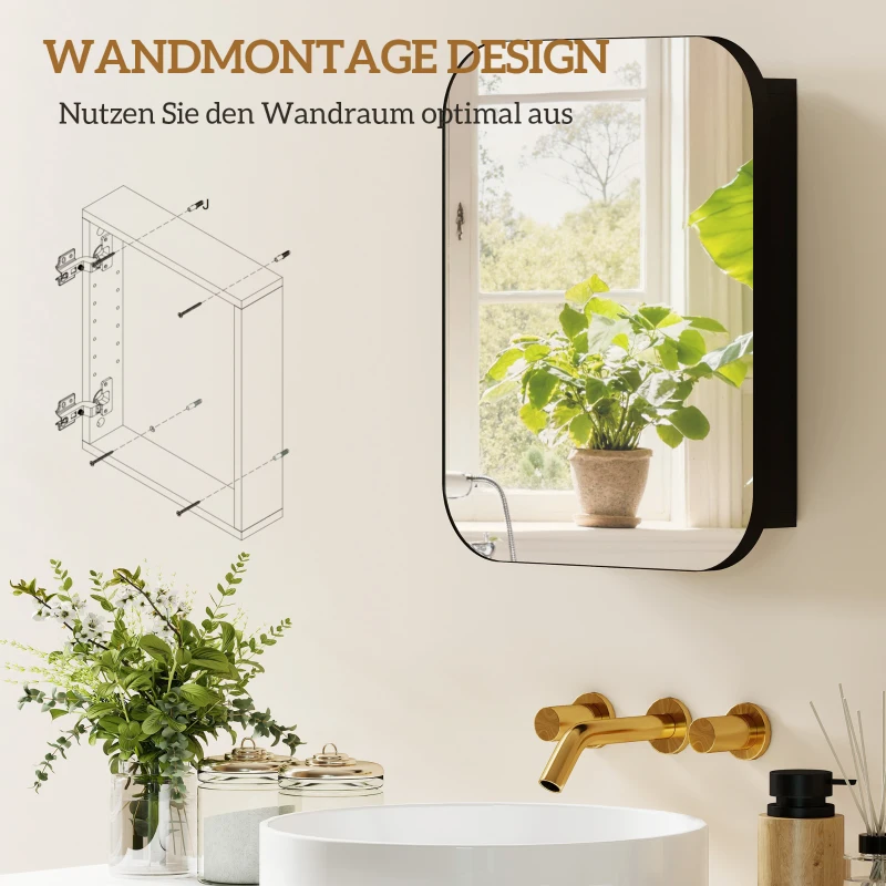 HOMCOM Spiegelschrank Bad, Badezimmerschrank mit Spiegel, Verstellbarem Regal, 40,2 x 10,2 x 50,9 cm, Schwarz