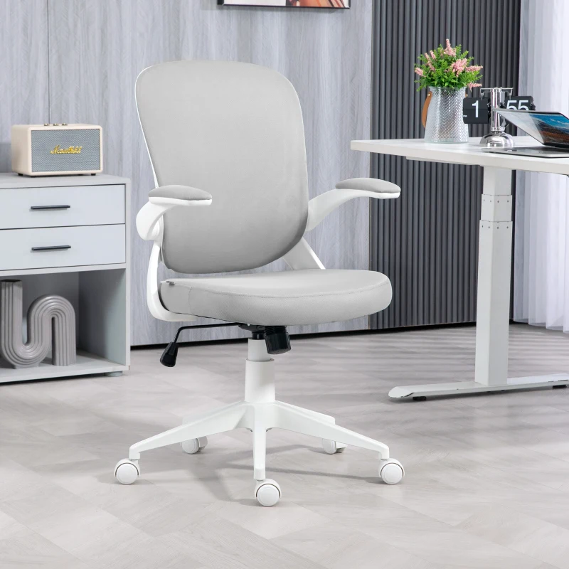 HOMCOM Fauteuil de bureau hauteur réglable pivotant 360° accoudoirs relevables dossier en maille et assise tissu gris