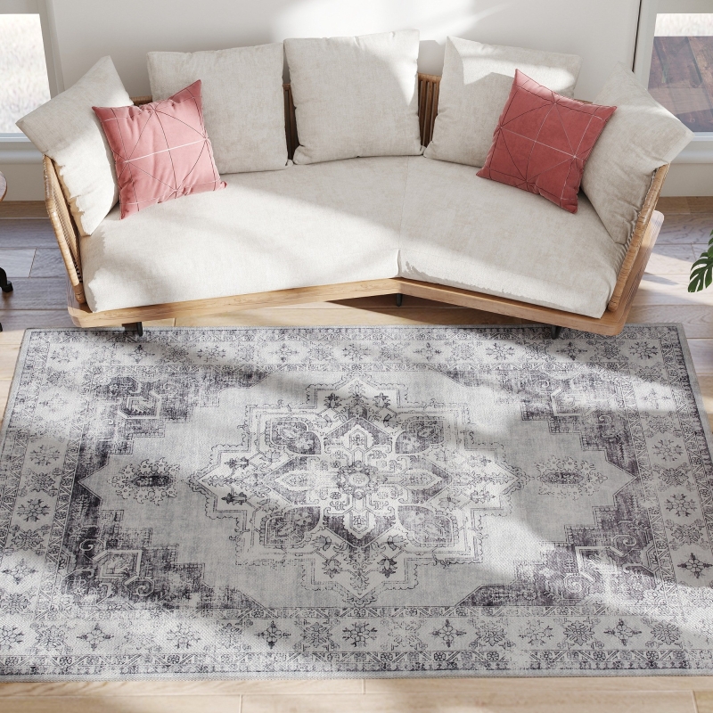 HOMCOM Tapis lavable en machine antidérapant pour salon aspect flanelle, 230 x 160 cm, Gris