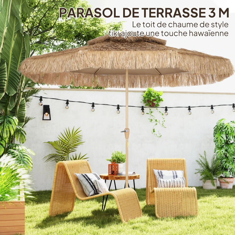 Outsunny Guarda-sol de jardim exterior em palha Ø 294 cm guarda-sol reto mate 8 varetas em metal proteção UV com manivela amarelo